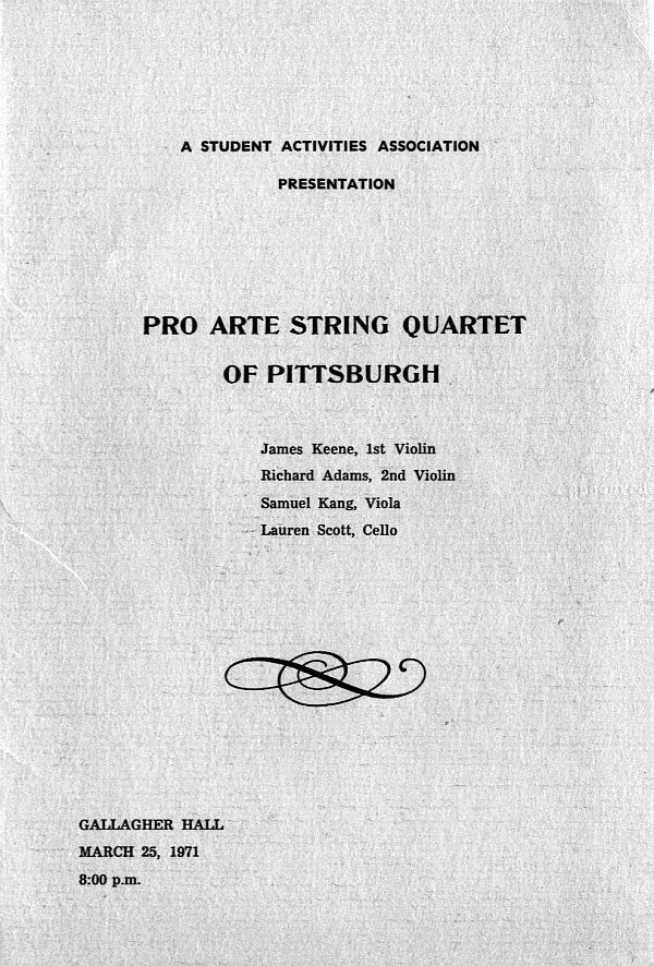 Program: Pro Arte String Quartet of Pittsburgh - Haydn, String Quartet in C "Emperor"; Draeseke, String Quartet nr 1 in c op 27; Debussy, String Quartet in g (California, PA. 25 Mar 1971) 