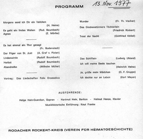 Rodacher Ruckert-Kreis: Lieder von Felix Draeseke - Rodach 13 Nov 1977 
