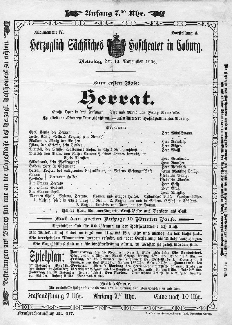 Oper Herrat - Hoftheater in Coburg (Lorenz) 13 Nov 1906