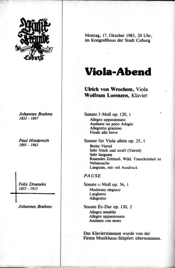 Kongreßhaus Coburg - Viola-Abend: Brahms, Hindemith, Draeseke (Sonate op .56,Nr.1) Wrochem/Lorenzen - 17 Okt 1983