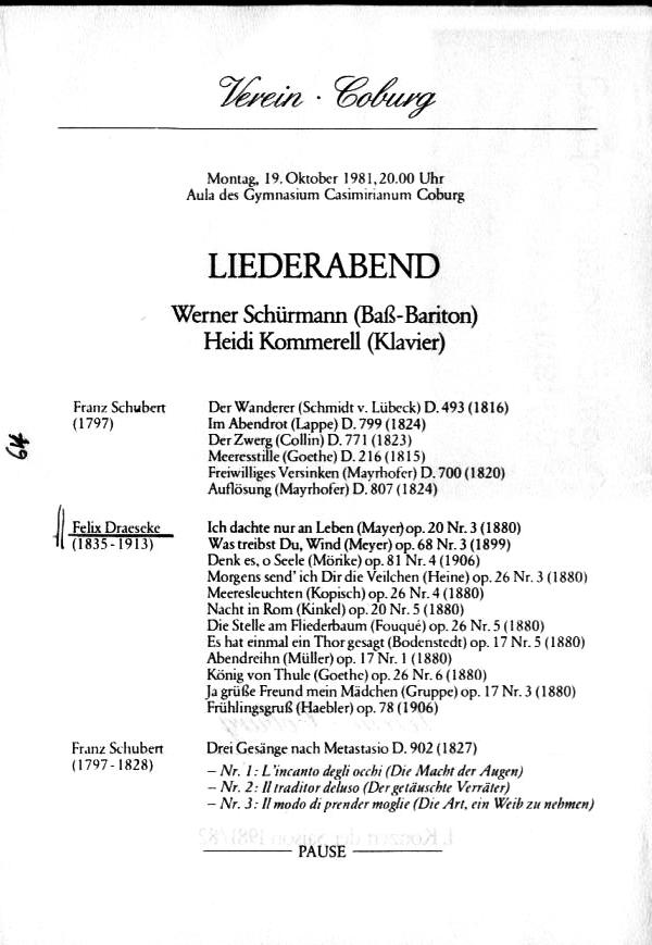 Gymnasium Coburg: Liederabend im Verein - Schubert, Draeseke - 19 Okt 1981