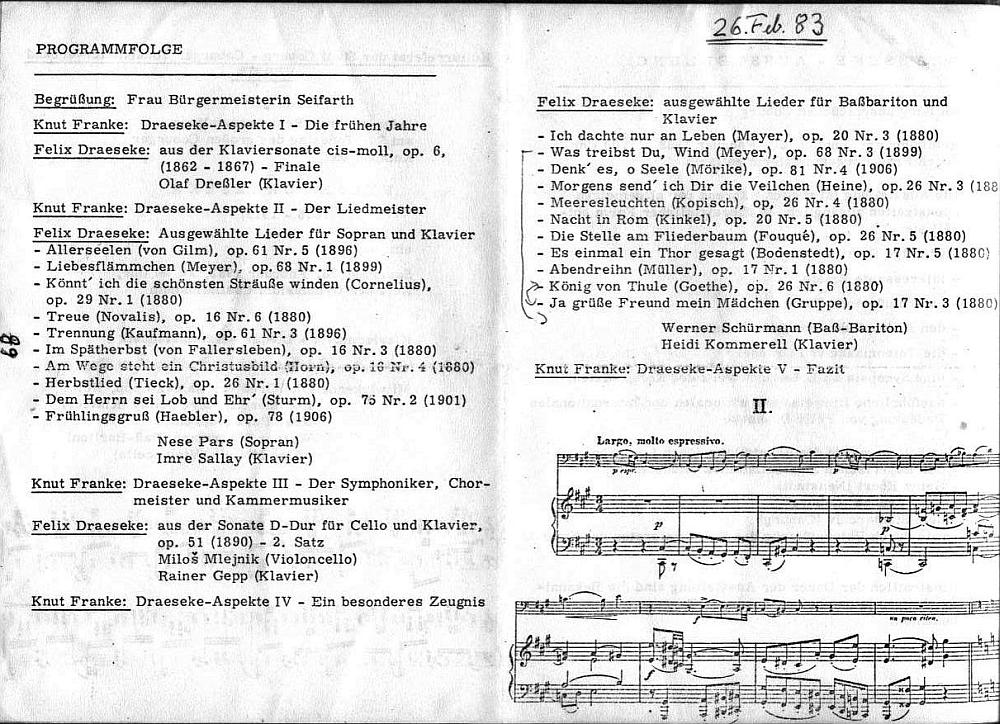 Gymnasium Casimirianum - Draeseke: Klaviermusik; Lieder; Kammermusik am 70. Todestag - Coburg 26 Feb 1983 