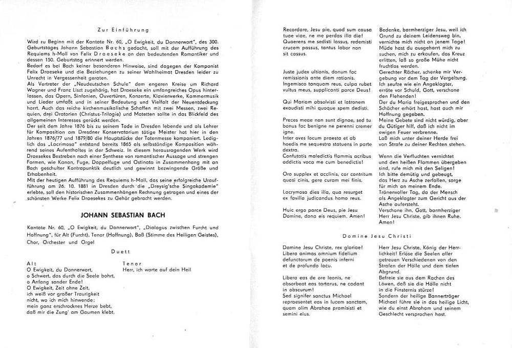 Martin Luther-Kirche Dresden: Geistliches Konzert in Gedenken an den 300. und 150. Geburtstag der J. S. Bach u. Felix Draeseke (Requiem H-moll) Dresden, 24 Nov 1985