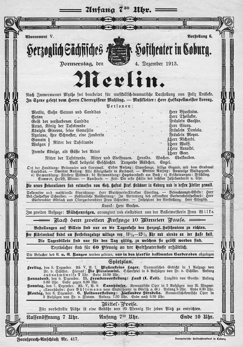 Oper Merlin - Hoftheater in Coburg (Lorenz) 4 Dec 1913