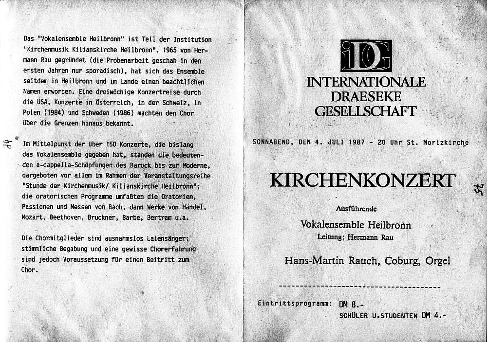 Morizkirche Coburg - Draeseke Große Messe op 85 (Vokalensemble Heilbronn, Hermann Rau) 4 Jul 1987