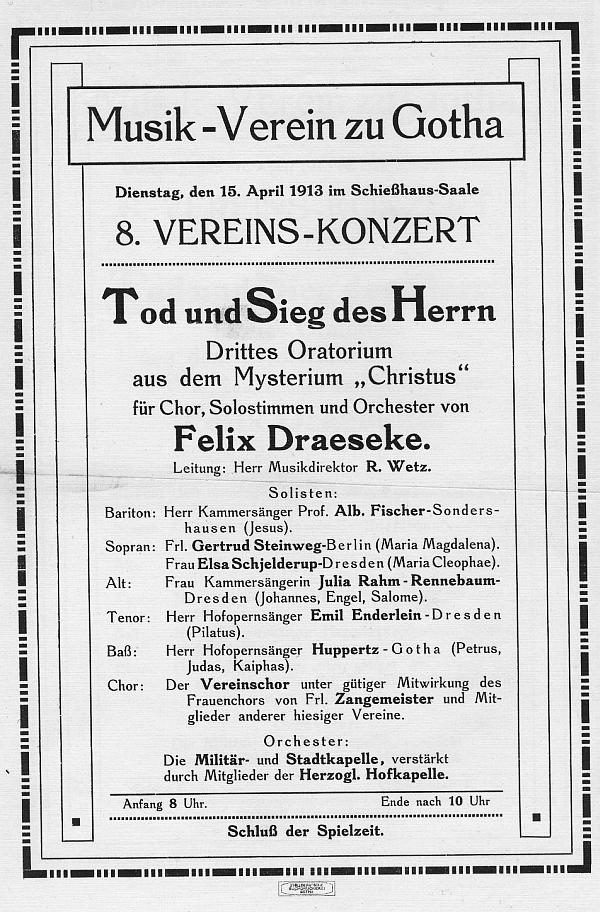 Schießhaus-Saale Gotha: Draeseke Christus, III.Oratorium Tod und Sieg des Herrn. Musik-Verein Gotha 15 April 1913