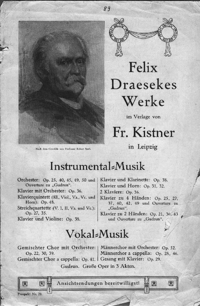 Felix Draesekes Werke im Verlag Fr. Kistner Leipzig (1935) Catalogue of Printed Scores 1935