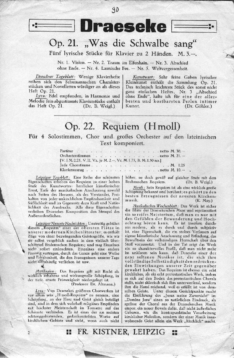 Felix Draesekes Werke im Verlag Fr. Kistner Leipzig (1935)
