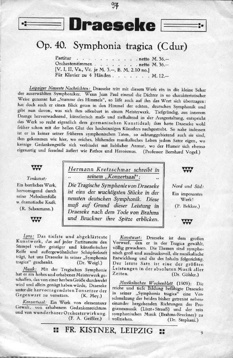 Felix Draesekes Werke im Verlag Fr. Kistner Leipzig (1935) - Symphonia Tragica
