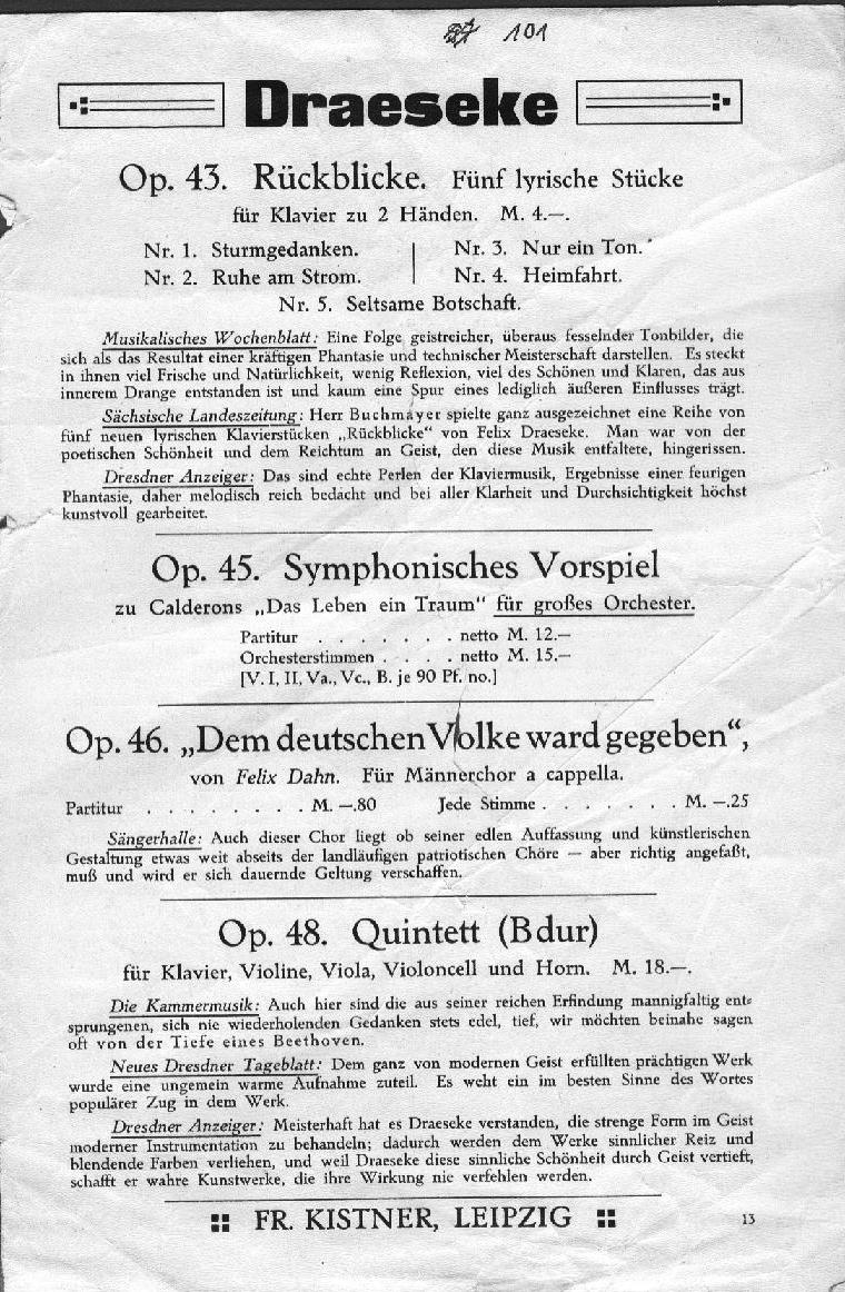 Felix Draesekes Werke im Verlag Fr. Kistner Leipzig (1935)
