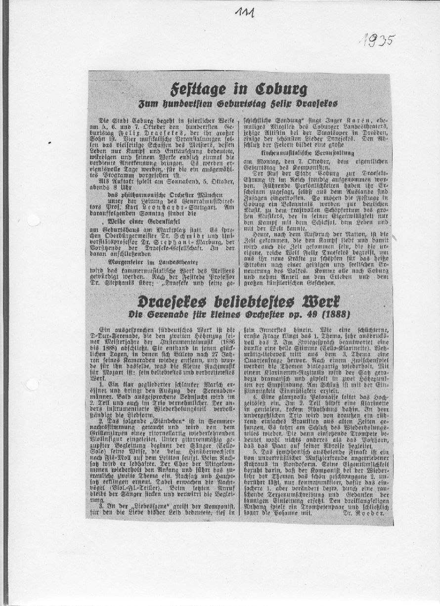 Die Draeseke-Feier in Coburg: Die Geburtsstadt des Meisters ist gerüftet; Draesekes Lehrer Kaspar Kummer (Coburger Beobachter, 5 Okt 1935)