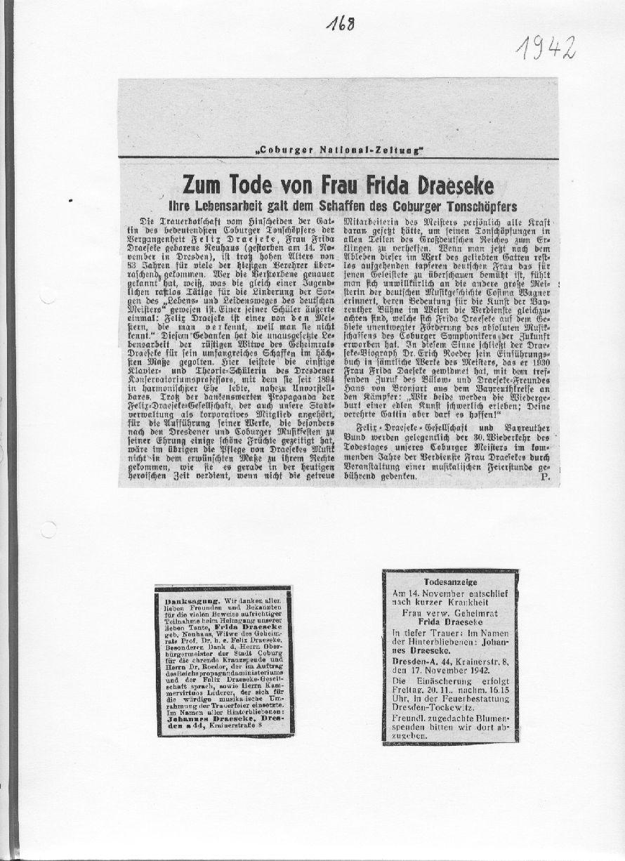 Zum Tode von Frau Frida Draeseke (Coburger National-Zeitung, Nov 1942) 