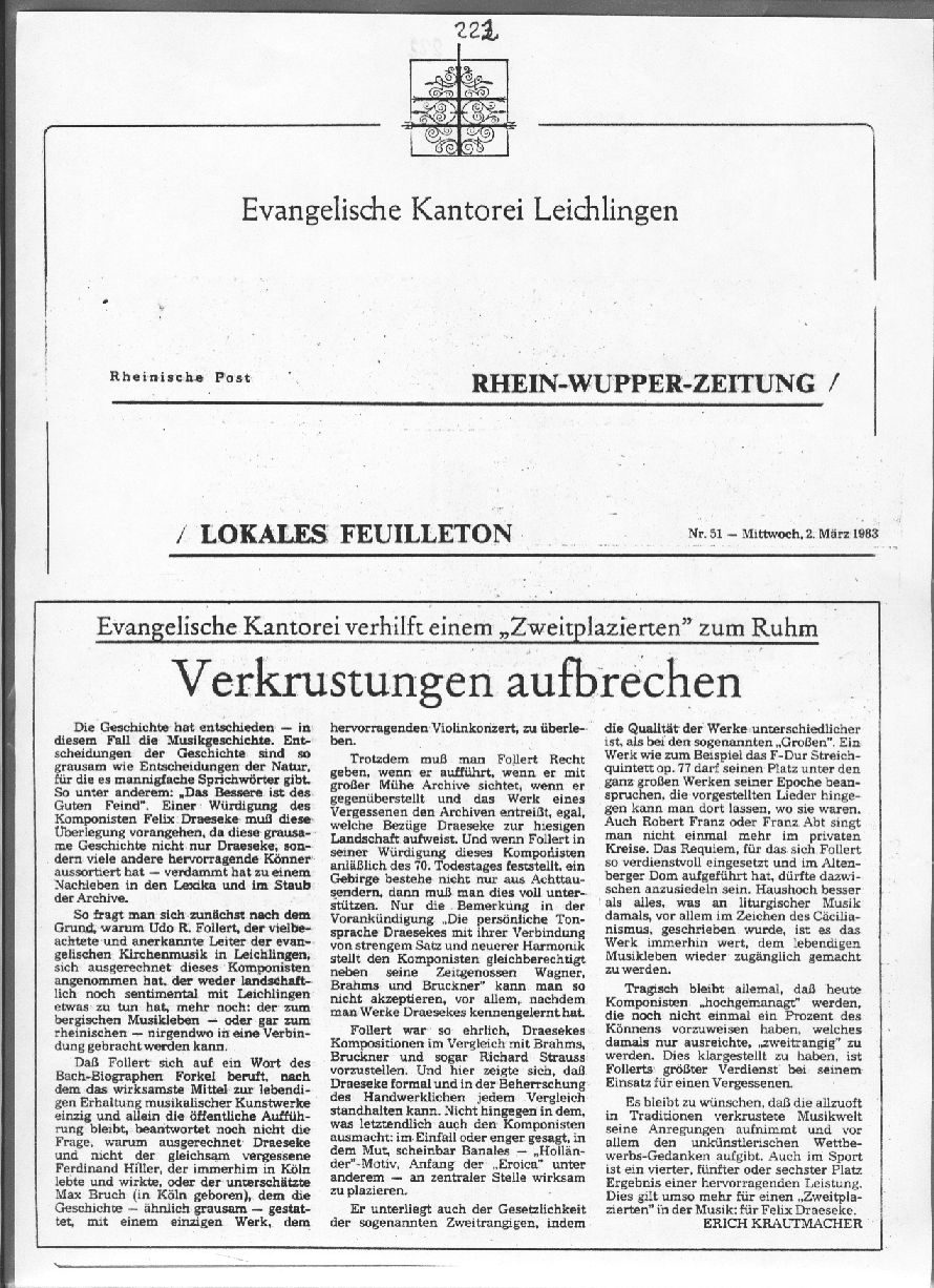 Vier Konzerte für Felix Draeseke: Die Zeitgenossen waren sein Schicksal, von Erich Krautmacher (1983)