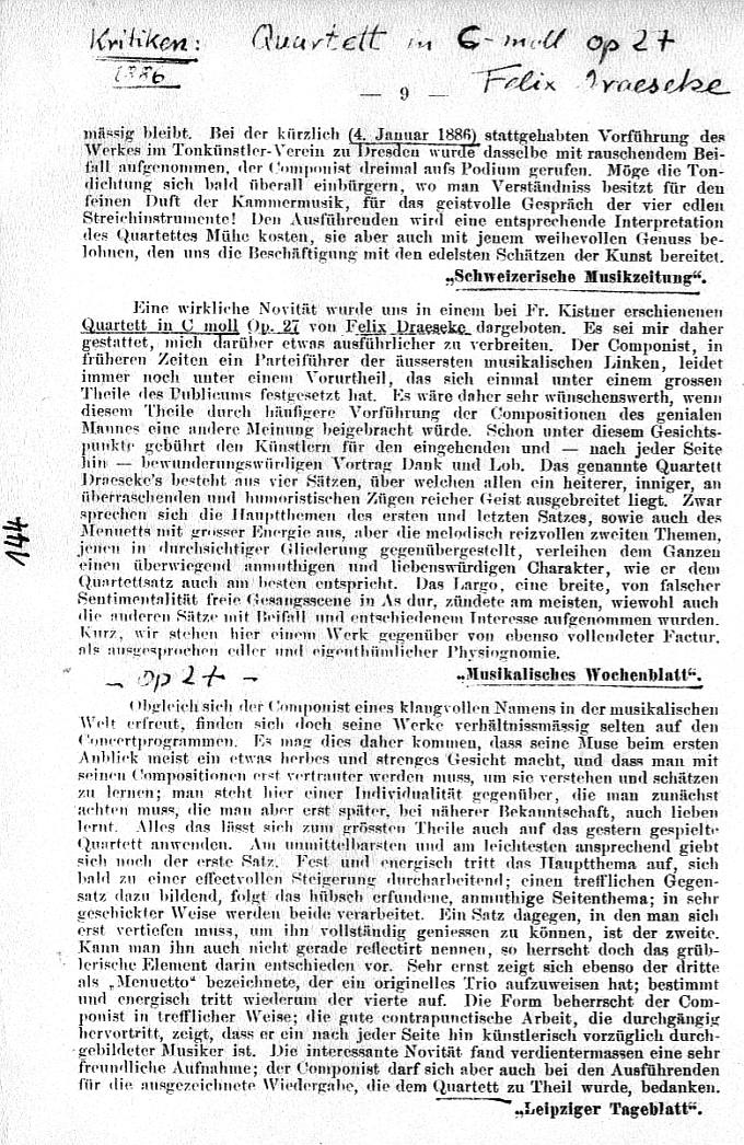 Kritiken: op. 27 Quartett, op. 28 3 Gesänge, op. 29 Liebes-Wonne- und-Weh (Musikalisches Wochenblatt, etc)