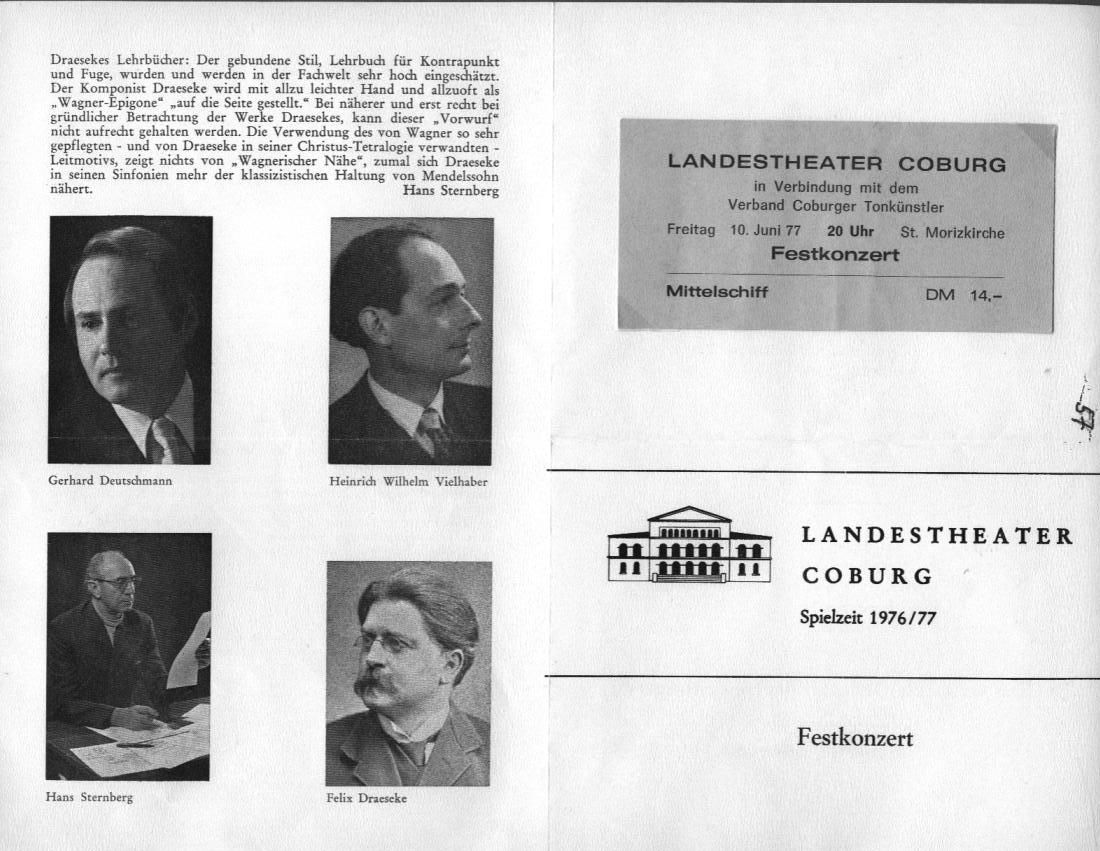 Morizkirche/Landestheater Coburg - Festkonzert: Gerhard Deutschmann; Heinrich Wilhelm Vielhaber; Hans Sternberg; Felix Draeseke: Sinfonie nr. 2 in F-dur op 25 (Orchester des Landestheaters, Reinhard Petersen) - Coburg, 10 Jun 1977 