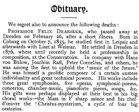 Felix Draeseke: Obituary (Click for full page)